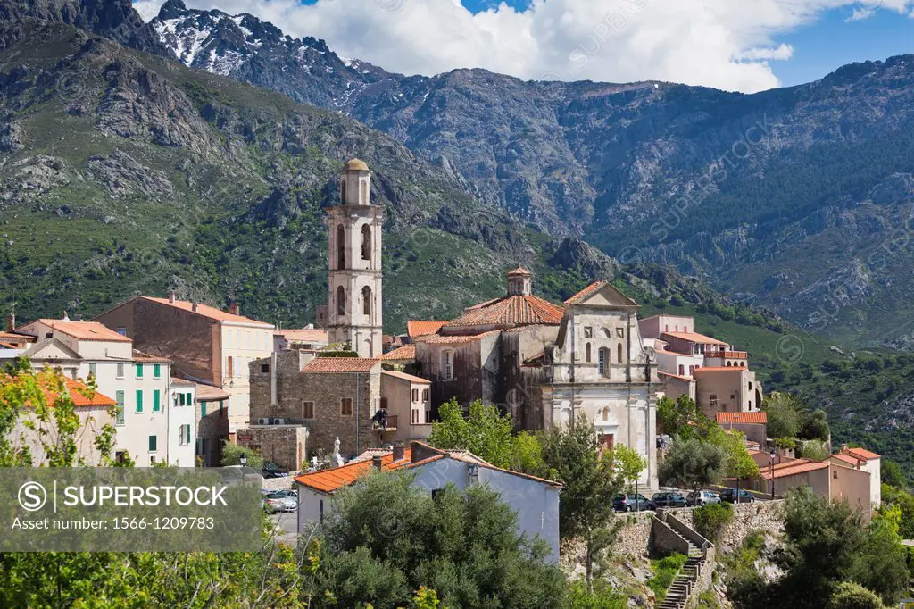 France, Corsica, Haute-Corse Department, La Balagne Region, Montemaggiore, elevated town view