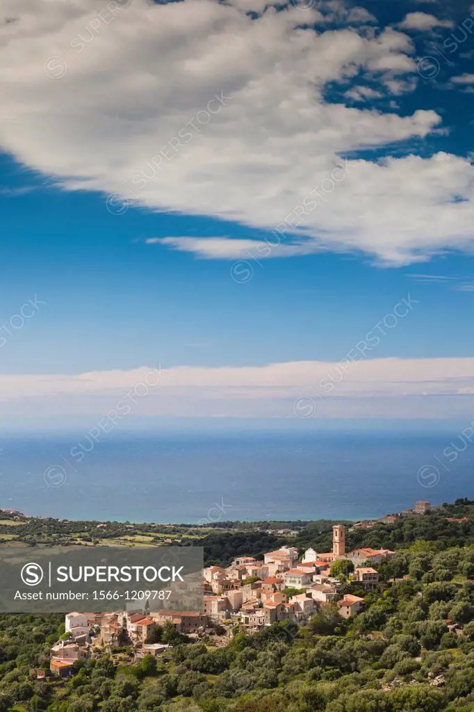 France, Corsica, Haute-Corse Department, La Balagne Region, Aregno, elevated town view
