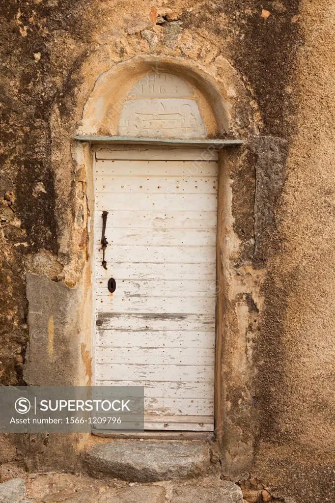 France, Corsica, Haute-Corse Department, La Balagne Region, Pigna, artisanal village, door detail