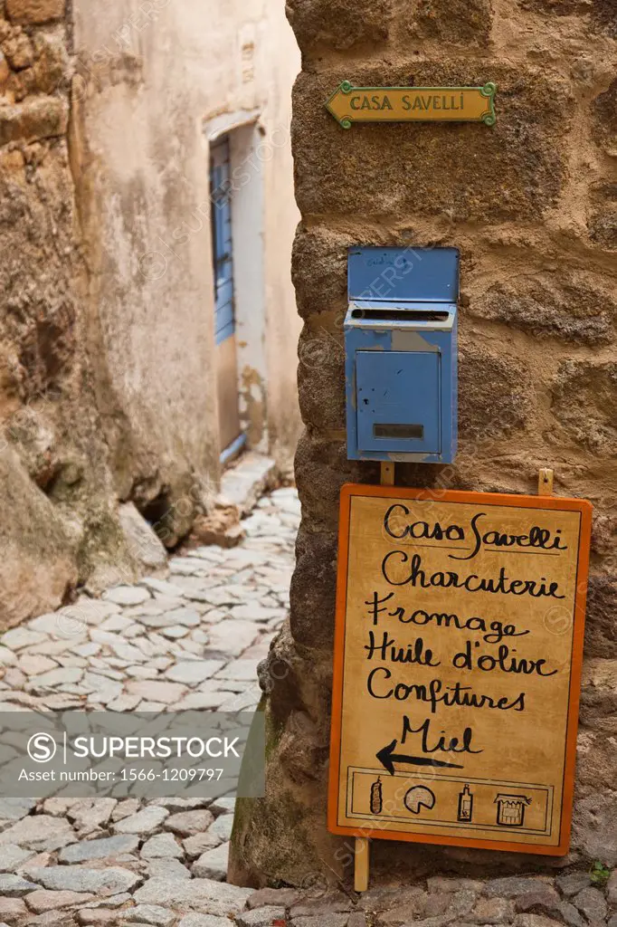 France, Corsica, Haute-Corse Department, La Balagne Region, Pigna, artisanal village, sign for artisanal charcuterie