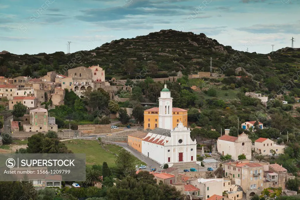 France, Corsica, Haute-Corse Department, La Balagne Region, Corbara, Eglise de Annonciation church, elevated view