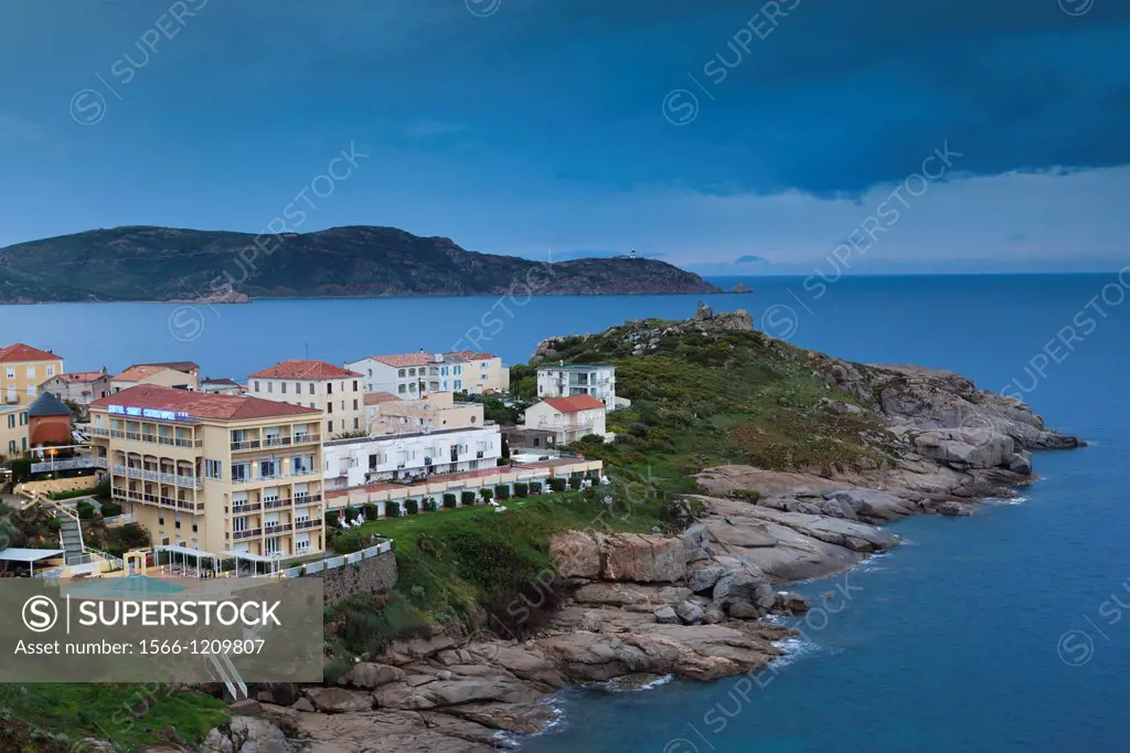 France, Corsica, Haute-Corse Department, La Balagne Region, Calvi, Punta San Francisco point, elevated view of coast hotels