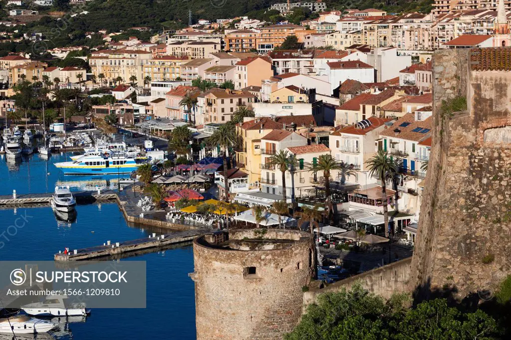 France, Corsica, Haute-Corse Department, La Balagne Region, Calvi, elevated view of the Port de Plaisance port, morning