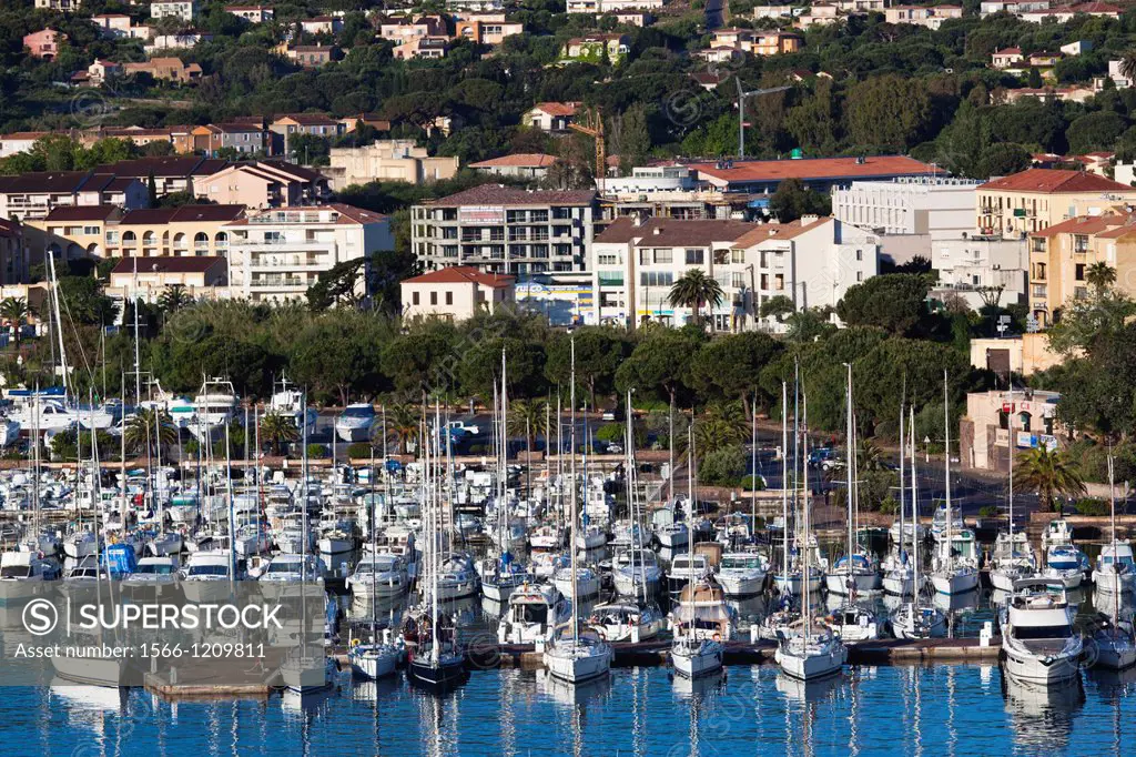 France, Corsica, Haute-Corse Department, La Balagne Region, Calvi, elevated view of the Port de Plaisance port, morning