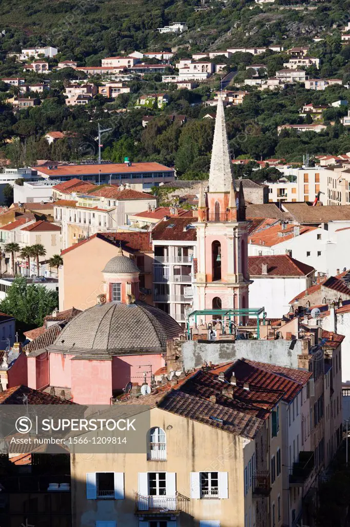 France, Corsica, Haute-Corse Department, La Balagne Region, Calvi, elevated city view above the Place Christophe Colomb, morning