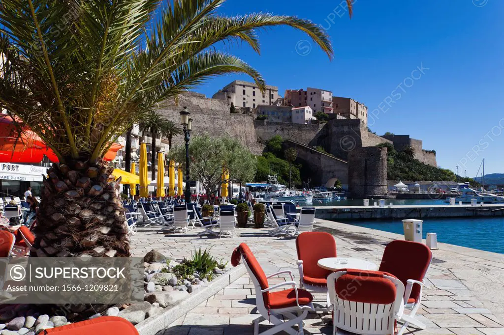 France, Corsica, Haute-Corse Department, La Balagne Region, Calvi, Port de Plaissance, yacht harbor, with view of the Citadel