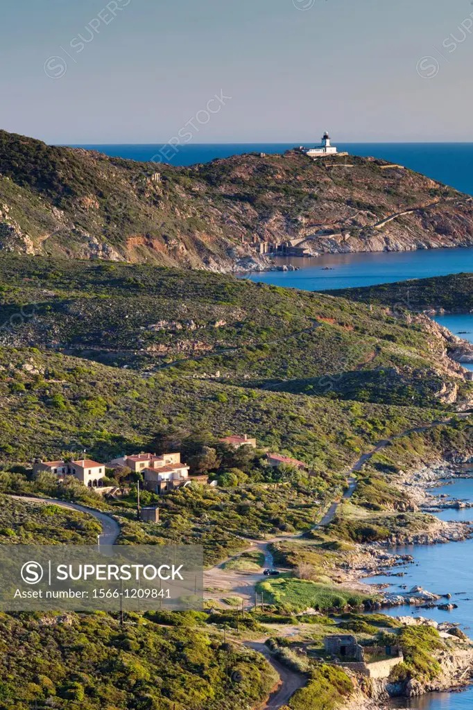 France, Corsica, Haute-Corse Department, La Balagne Region, Calvi, elevated view of the Punta Revellata lighthouse, dawn