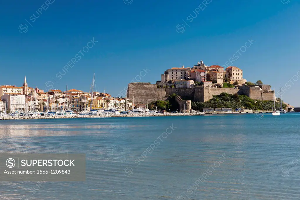 France, Corsica, Haute-Corse Department, La Balagne Region, Calvi, Port de Plaissance yacht harbor, with view of the Citadel from the Golfe de Calvi g...