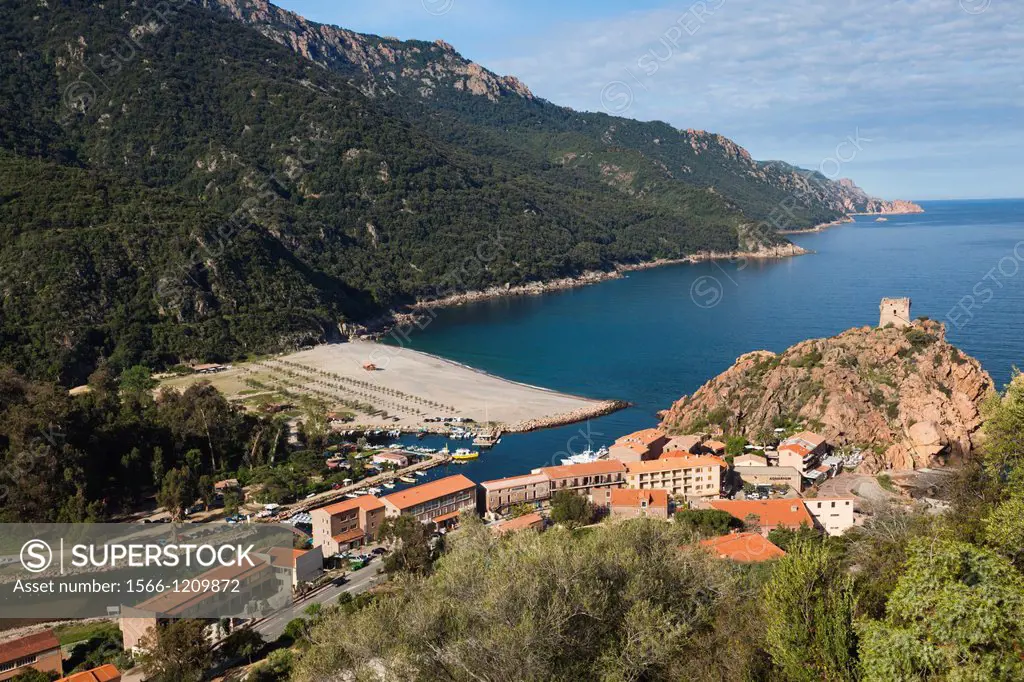 France, Corsica, Corse-du-Sud Department, Calanche Region, Porto, elevated view of town, morning