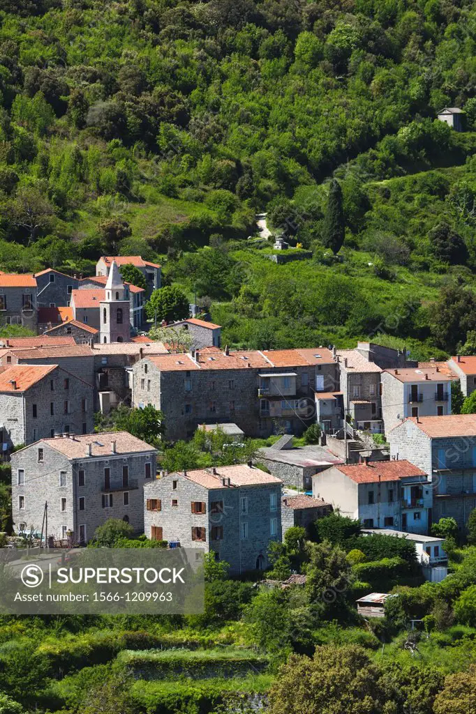 France, Corsica, Corse-du-Sud Department, Corsica South Coast Region, Solacaro, elevated town view