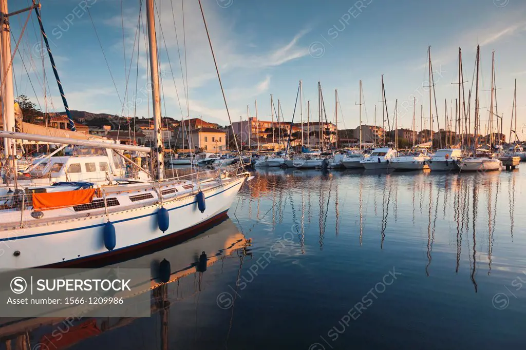 France, Corsica, Corse-du-Sud Department, Corsica South Coast Region, Propriano, town marina, sunset