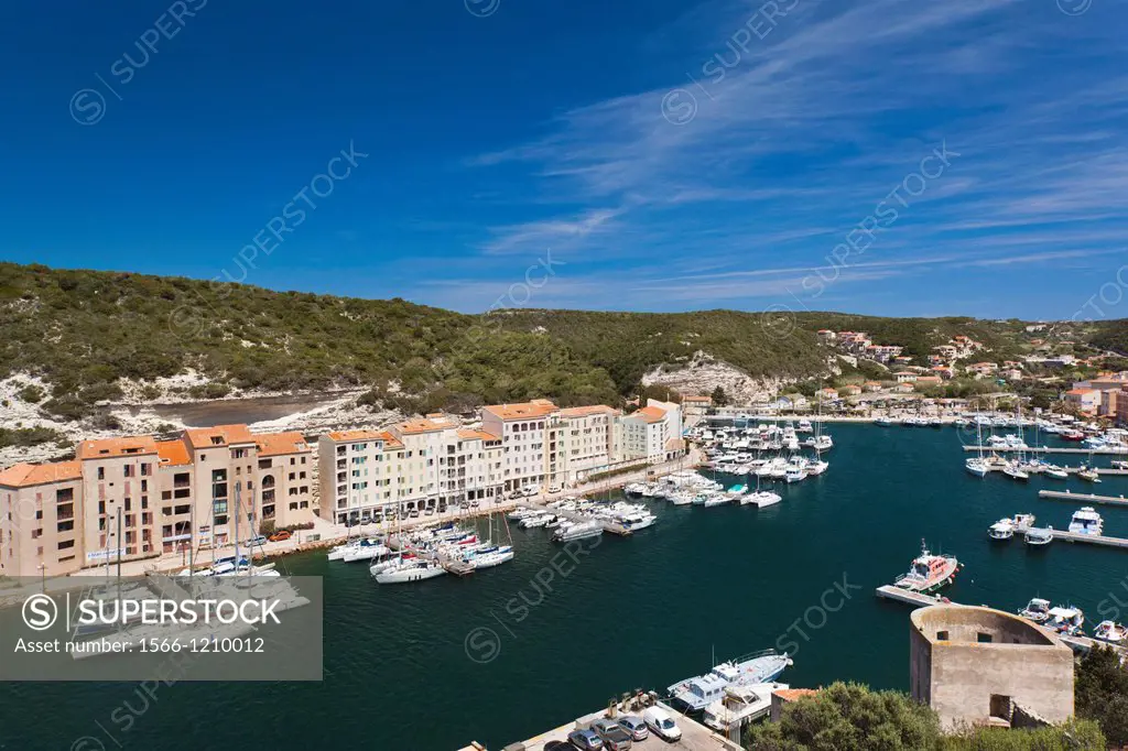 France, Corsica, Corse-du-Sud Department, Corsica South Coast Region, Bonifacio, elevated view of the port