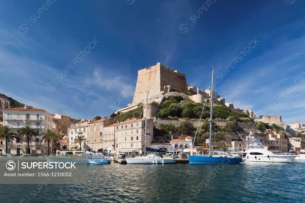 France, Corsica, Corse-du-Sud Department, Corsica South Coast Region, Bonifacio, port and Citadel, morning