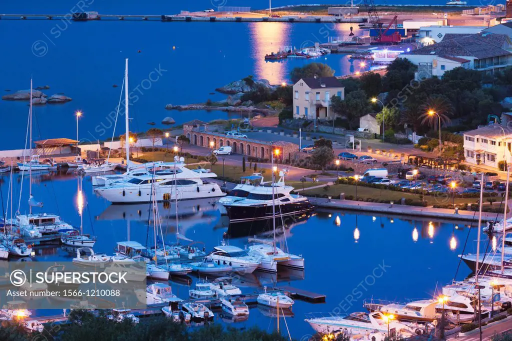 France, Corsica, Corse-du-Sud Department, Corsica South Coast Region, Porto Vecchio, elevated view of the marina, dusk