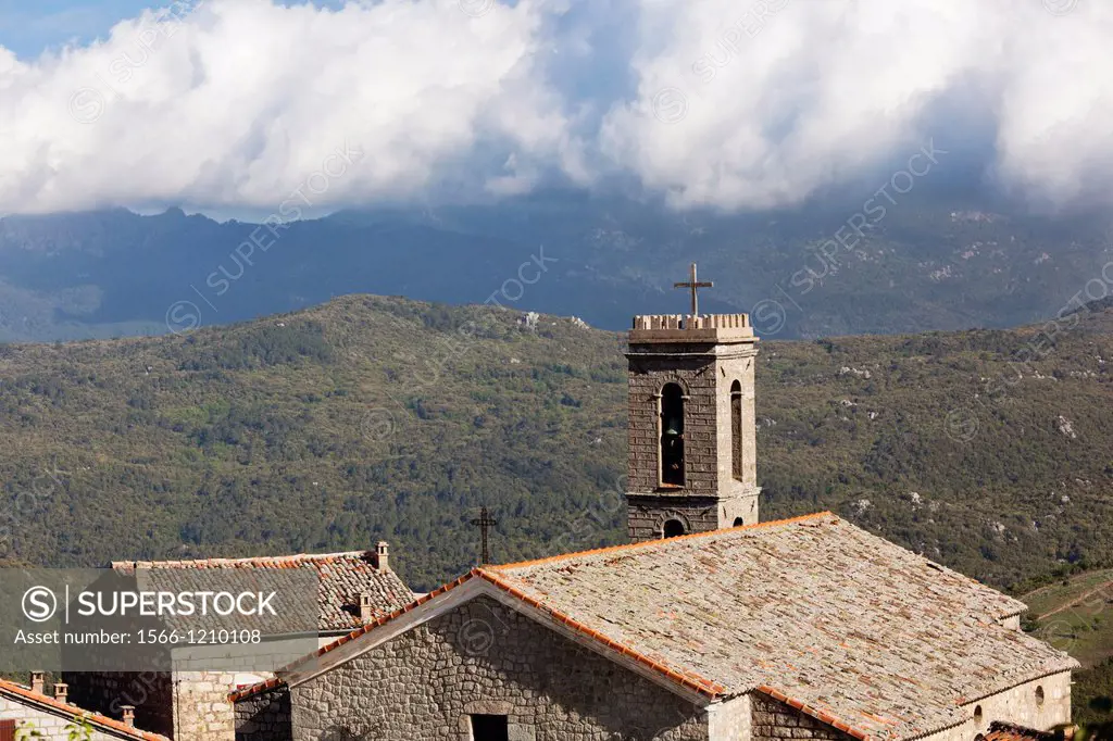 France, Corsica, Corse-du-Sud Department, La Alta Rocca Region, Quenza, town church and mountains
