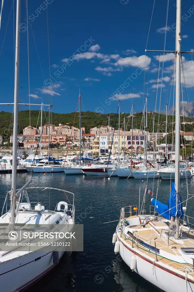 France, Corsica, Corse-du-Sud Department, Corsica East Coast Region, Cote des Nacres, seashell coast area, Solenzara, marina view of the town