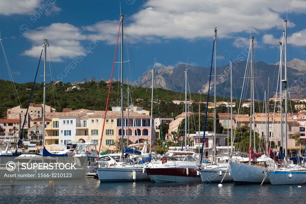 France, Corsica, Corse-du-Sud Department, Corsica East Coast Region, Cote des Nacres, seashell coast area, Solenzara, marina view of the town