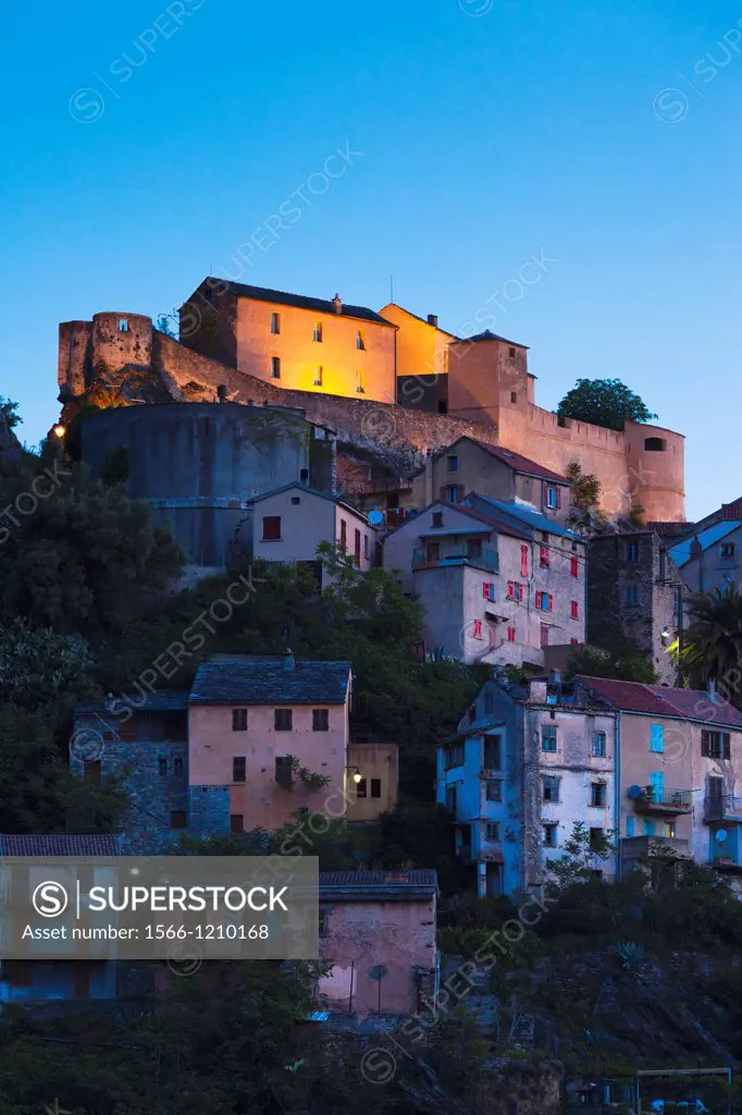 France, Corsica, Haute-Corse Department, Central Mountains Region, Corte, city and Citadel, dawn