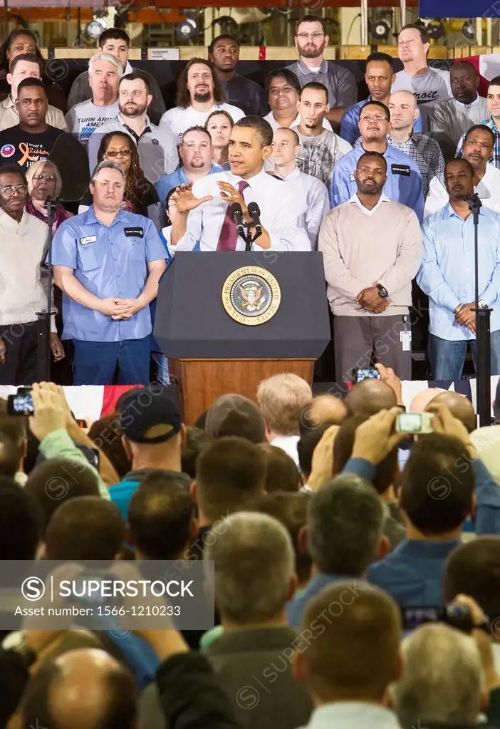 Redford, Michigan - President Barack Obama speaks on the economy to members of the United Auto Workers at the Detroit Diesel plant  He said Congress n...
