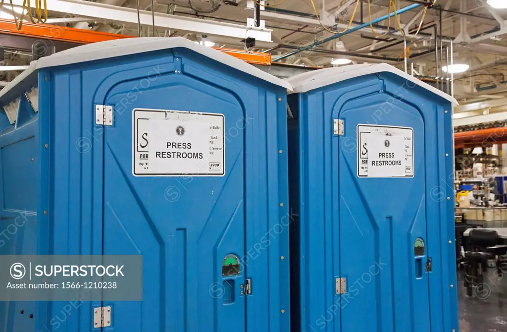 Redford, Michigan - ´Press restrooms´ for reporters covering a visit of President Barack Obama to a Detroit Diesel factory  The sign includes the Seal...