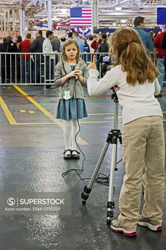 Redford, Michigan - Seven-year-old girls report for Kid Witness News during a visit by President Barack Obama to a Detroit Diesel factory  Kid Witness...