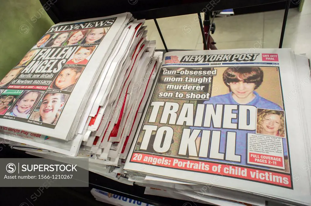 Front pages of New York newspapers on Sunday, December 16, 2012 report on theDecember 14 shooting by Adam Lanza of 26 people in the Sandy Hook Element...