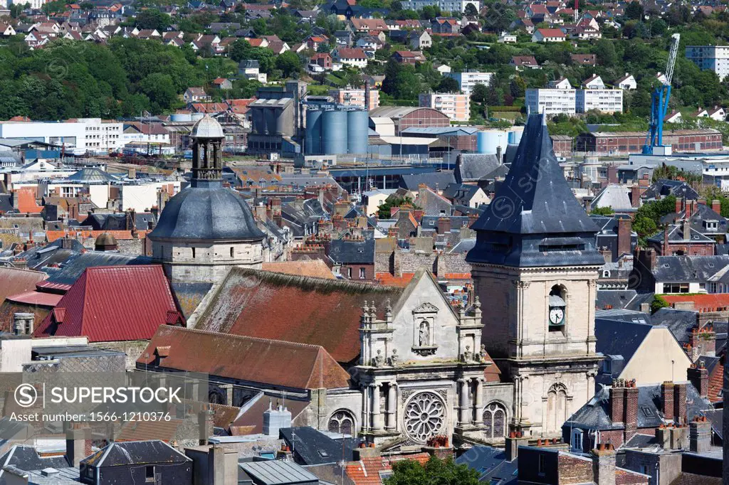 France, Normandy Region, Seine-Maritime Department, Dieppe, elevated city view with Eglise St-Remy church