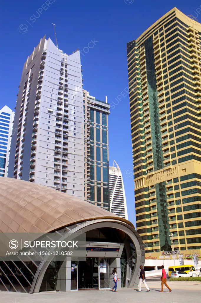United Arab Emirates, U A E , UAE, Middle East, Dubai, Jumeirah Lake Towers Metro Station, subway, public transportation, entrance, Lake City Tower, G...