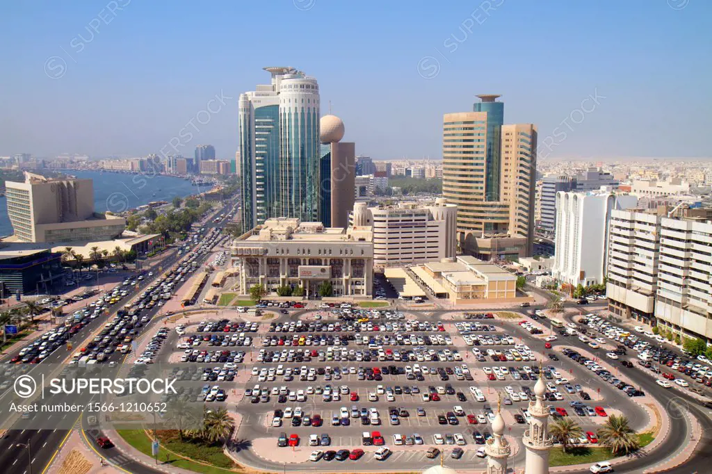 United Arab Emirates, U A E , UAE, Middle East, Dubai, Deira, Al Rigga, Baniyas Road, Dubai Creek Tower, Al Reem Tower, Dubai Creek, parking lot, aeri...