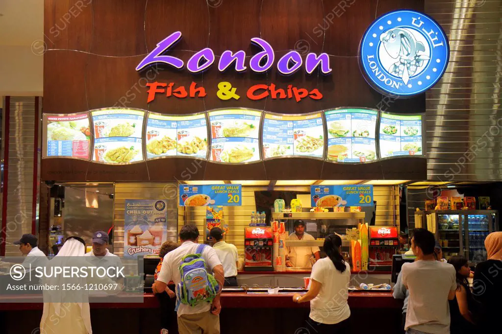 United Arab Emirates, U A E , UAE, Middle East, Dubai, Downtown Dubai, Dubai Mall, shopping, food court, London Fish & Chips, fast food, restaurant, E...