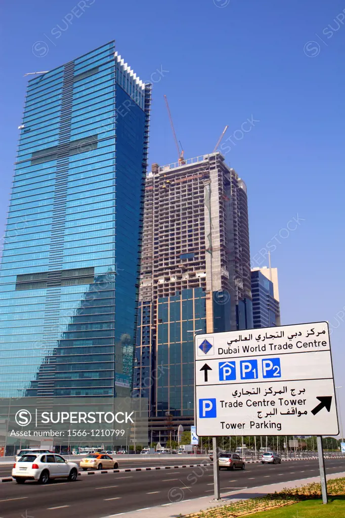 United Arab Emirates, U A E , UAE, Middle East, Dubai, Sheikh Zayed Road, Sama Tower, Duja Tower, under construction, skyscraper, traffic, English, Ar...