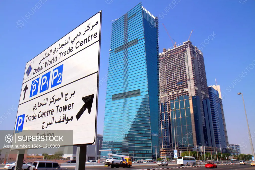 United Arab Emirates, U A E , UAE, Middle East, Dubai, Sheikh Zayed Road, Sama Tower, Duja Tower, under construction, skyscraper, traffic, English, Ar...