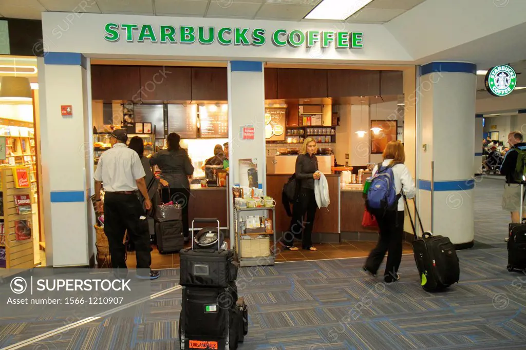 Virginia, Sterling, Washington, DC D C , Dulles International Airport, IAD, gate area, concourse, terminal, Starbucks Coffee, front, travelers,