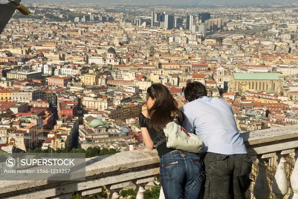 couple on the belvedere of San Martino looking at the historic center, Naples, Campania region, southern Italy, Europe