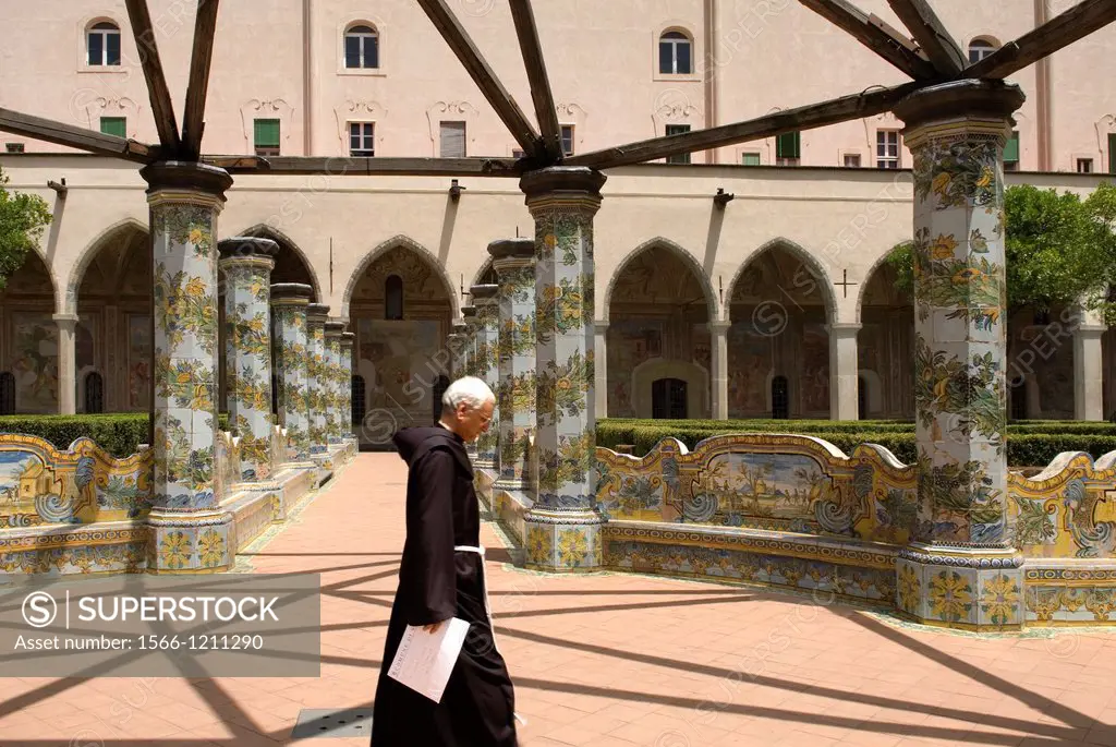 cloister of the Clarisses, with the unique addition of majolica tiles in Rococo style, Santa Chiara complex, Naples, Campania region, southern Italy, ...
