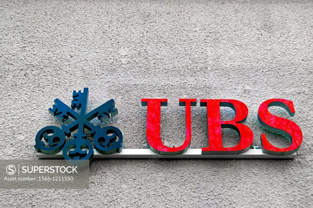 symbol of Swiss bank UBS - Union Bank of Switzerland on a wall in Geneva, Switzerland