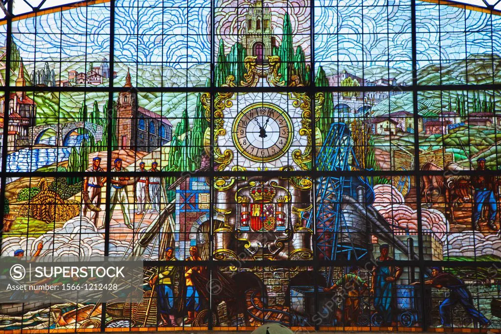 Stained glass windows in Abando Train Station. Bilbao. Bizkaia. Vizcaya. Pais Vasco. Euskadi. Basque Country. SPAIN.