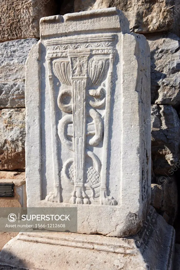 The snake on a staff - symbol of Asclepius, the Greek god of medicine  Ephesus Archaeological Site, Izmir province, Turkey