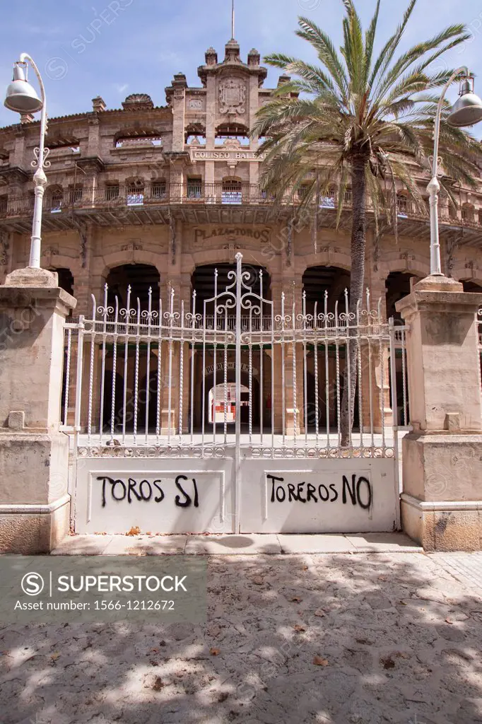Graffiti in protest against bullfighting. Bullring, Palma, Majorca, Balearic Islands, Spain