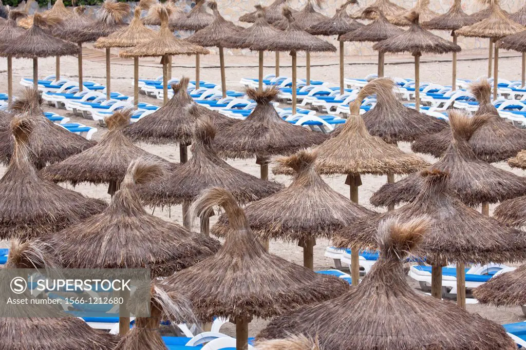 Umbrellas and deckchairs, Majorca, Balearic Islands, Spain.