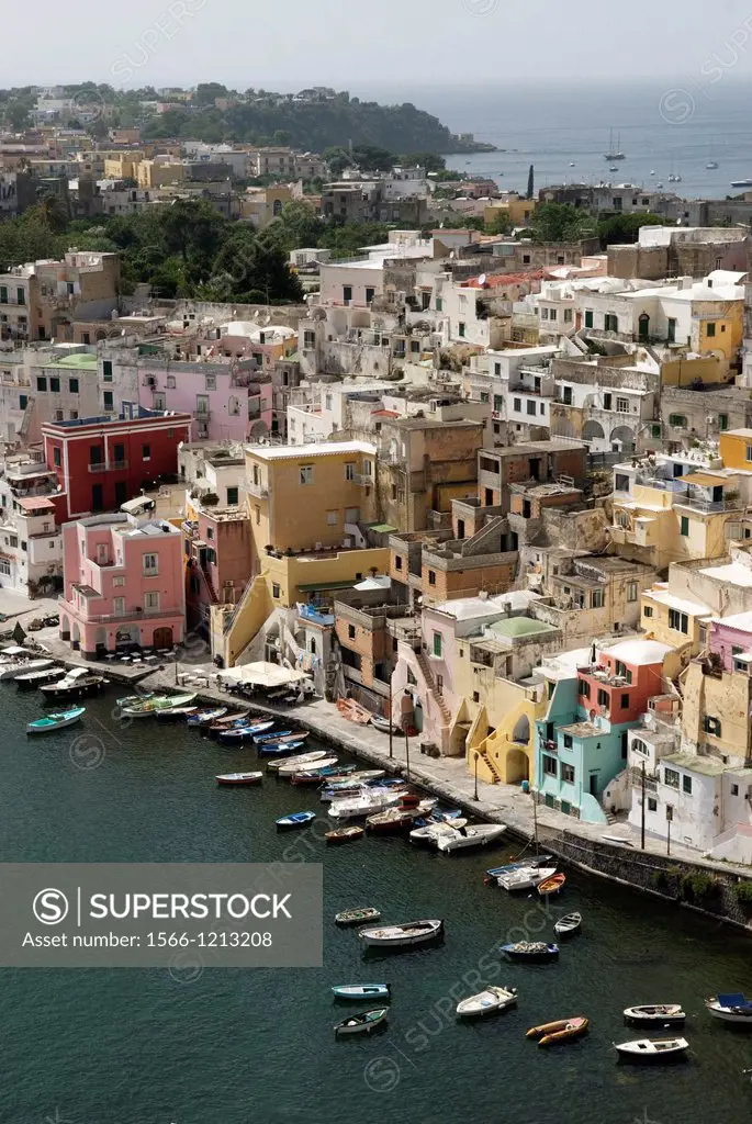 harbour of Corricella, Procida island, Campania region, southern Italy, Europe