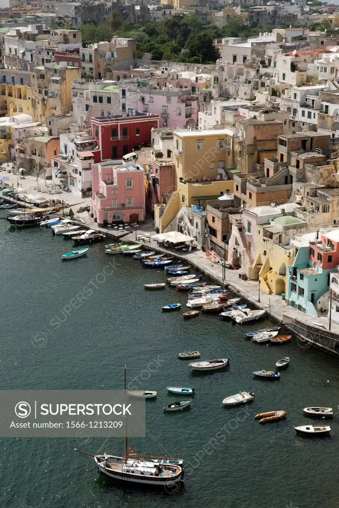 harbour of Corricella, Procida island, Campania region, southern Italy, Europe