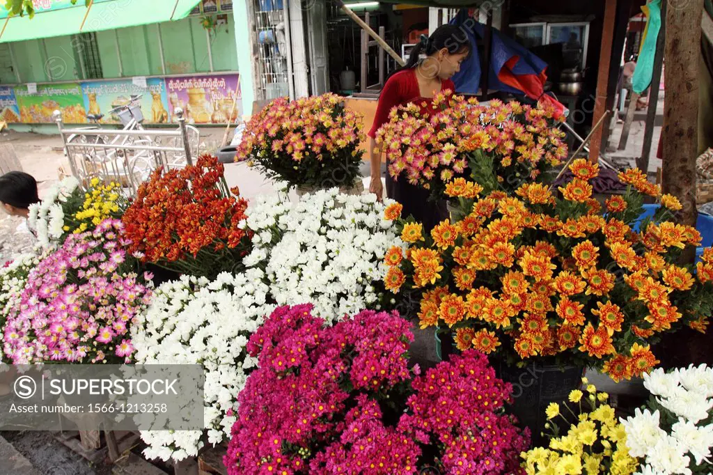 Flower seller at local market, Yangon Rangoon, Myanmar, Burma, Asia