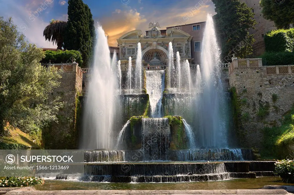 The water jets of the Organ fountain, 1566, housing organ pipies driven by air from the fountains  Villa d´Este, Tivoli, Italy - Unesco World Heritage...