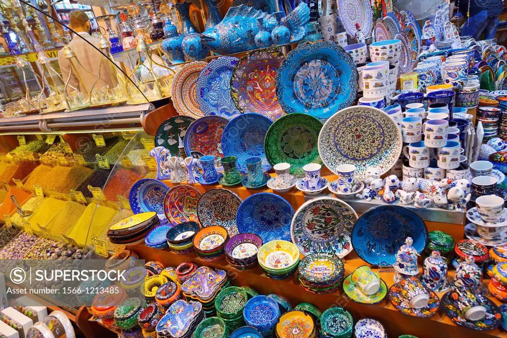 Painted ceramic display in the Egyptian Bazaar Istanbul next to a spice shop