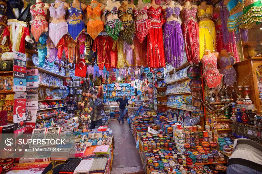 Shop in the Egyptian Spice Bazaar Istanbul with belly dancing costumes and ceramics
