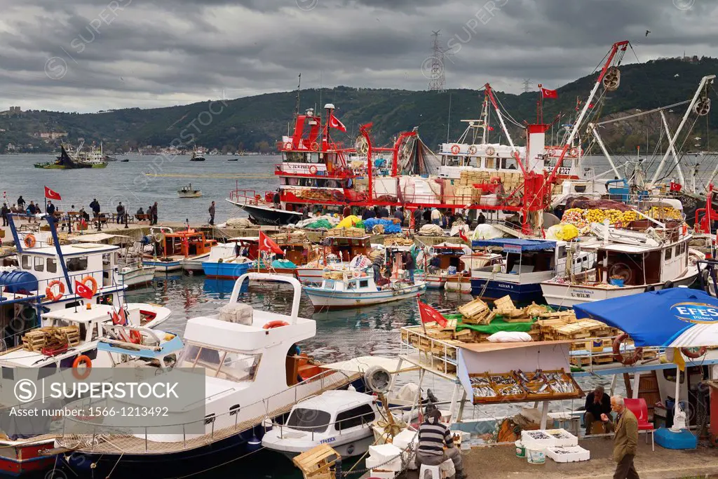Sariyer Pier with fishing boats on the Bosphorus Strait at Yeni Mahalle Merkez Turkey