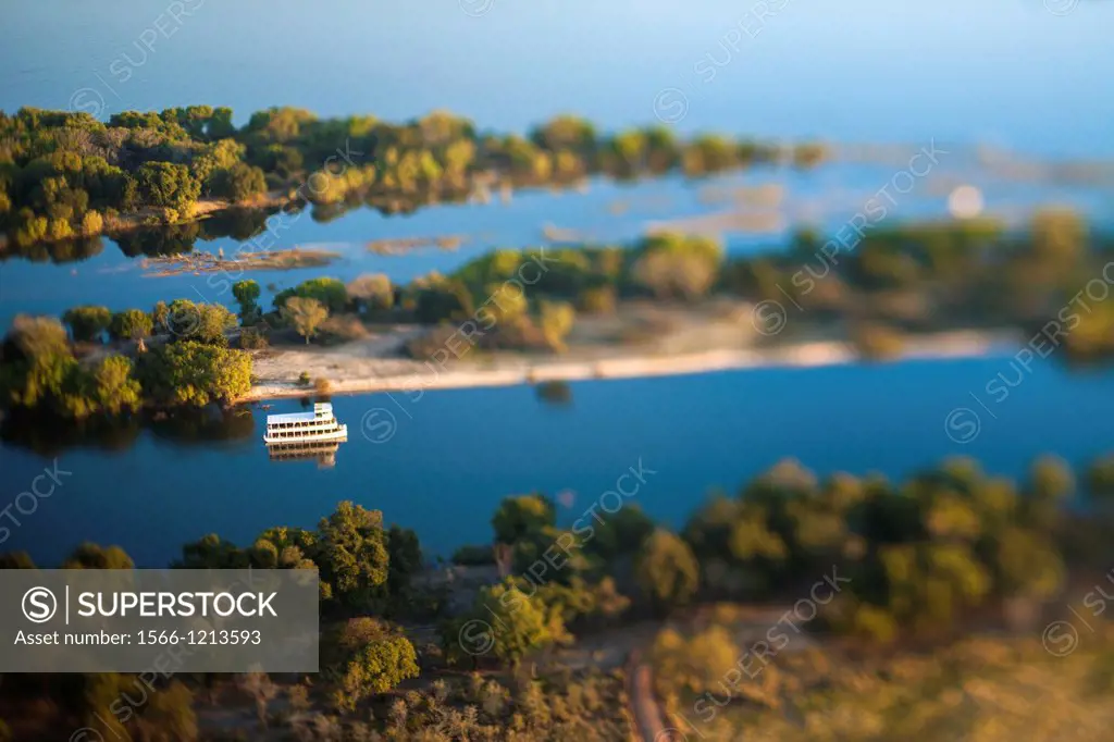 Aerial view of the Zambezi river with riverboats