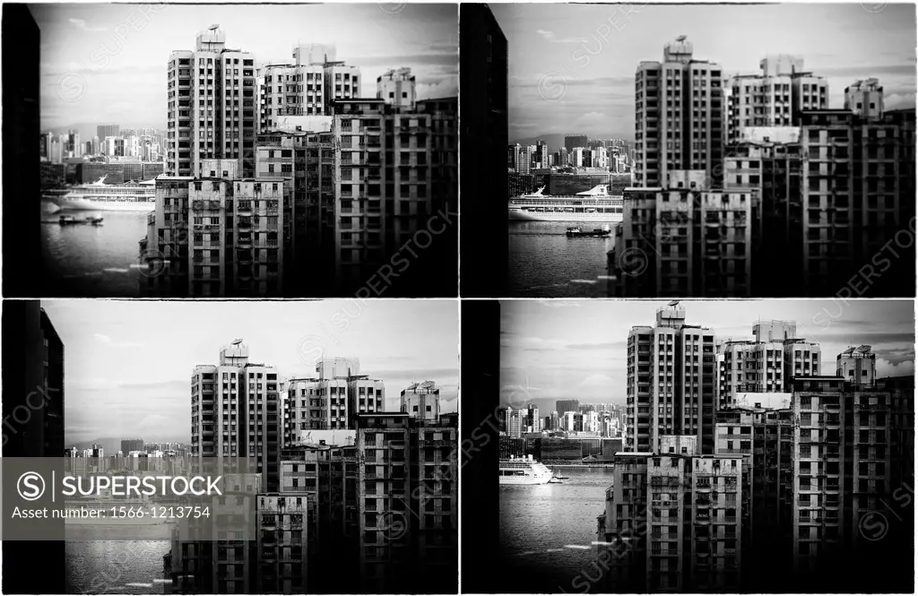 composicion digital de vista general de la bahia de Hong Kong, Asia, China , digital composition of a General view of the bay of Hong Kong, Asia, Chin...