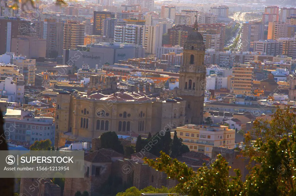 Malaga, Cathedral , View of the city and walls of the Alcazaba  Costa del Sol, Andalucia, Spain.